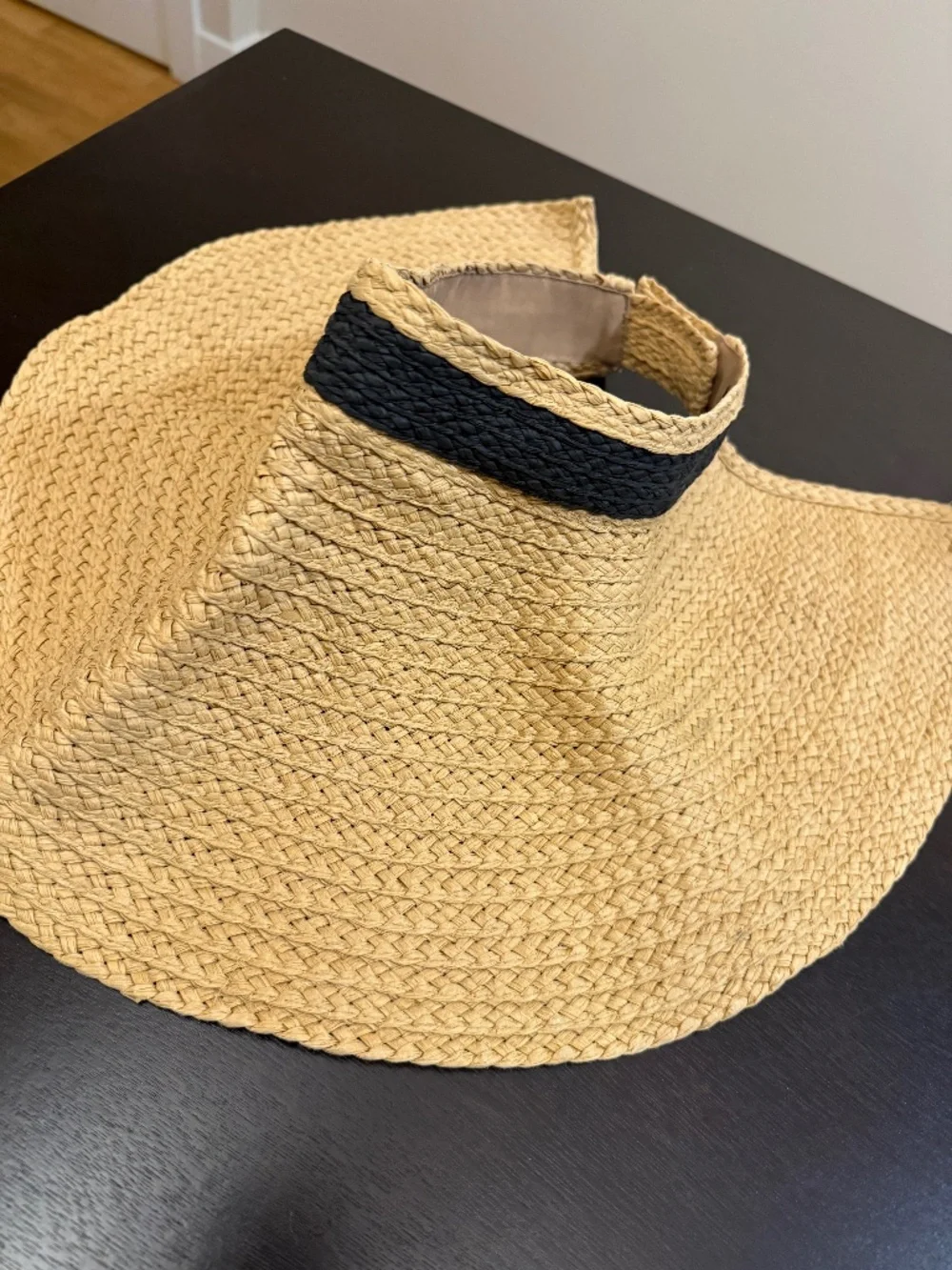 Zara Roll Up Woven Wide Brim Visor Sun Hat Black Band Beige Adjustable Resort OS